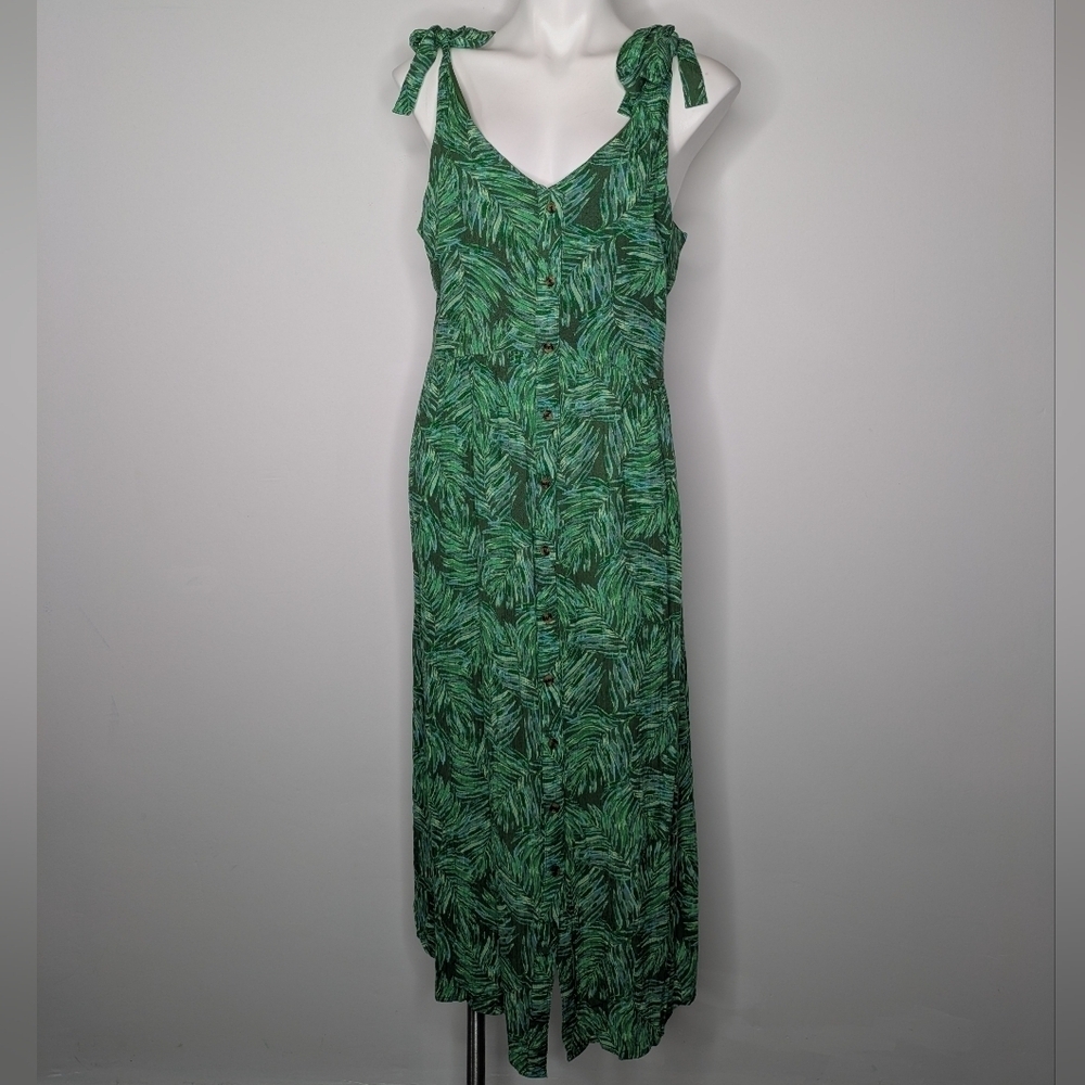 ✨3/$15 Dip Green Tropical Foliage Button Up V Neck Sleeveless Dress L